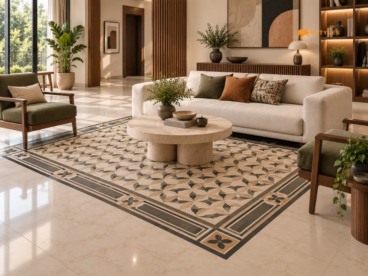 Use Rug Style Floor Tiles to Define the Seating Area
